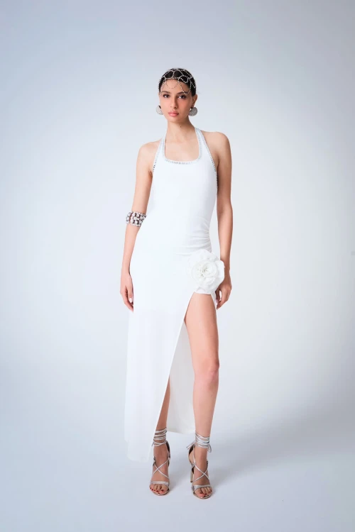 WHITE MIDI DRESS WITH ROSE DETAILS SLIT AND STONES