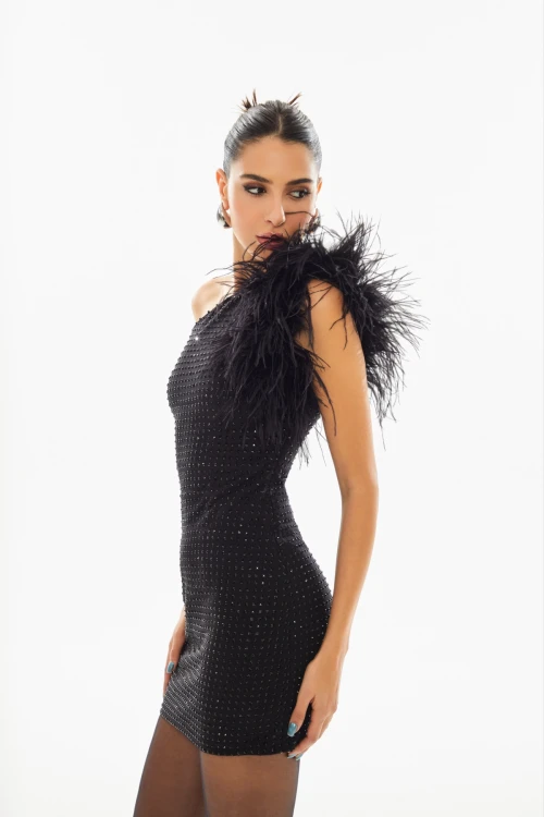 ONE SHOULDER BLACK MINI DRESS WITH FEATHER DETAILED STONE PRINT