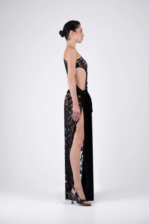 Velvet Black Maxi Dress with Bow Detail and Lace