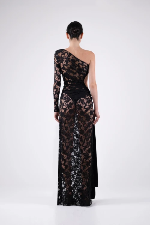 Velvet Black Maxi Dress with Bow Detail and Lace