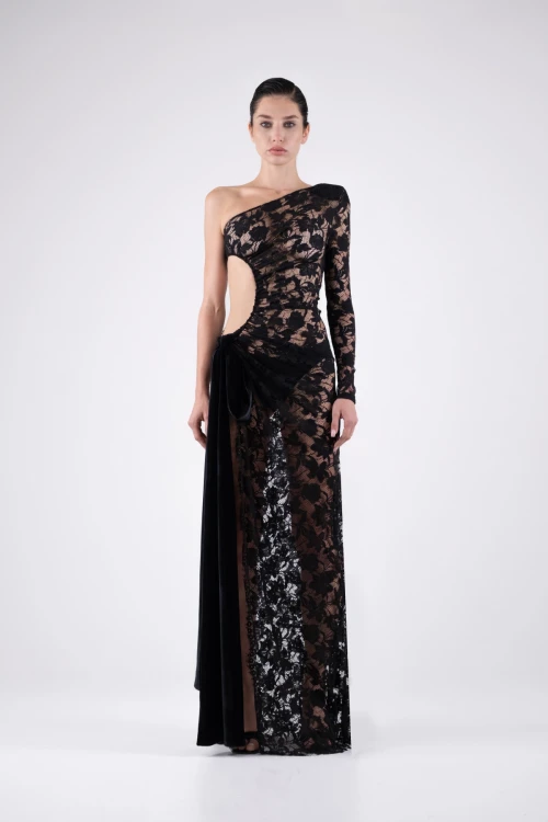 Velvet Black Maxi Dress with Bow Detail and Lace