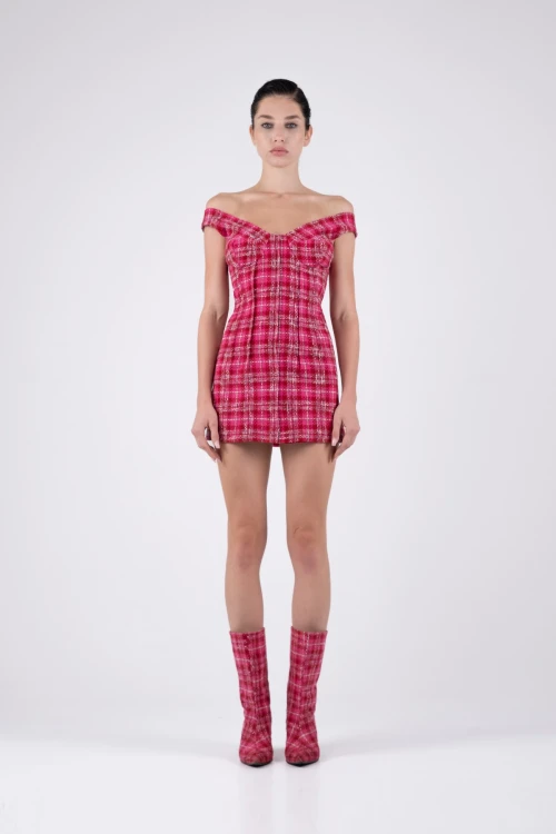 Fuchsia Tweed Dress with Square Pattern