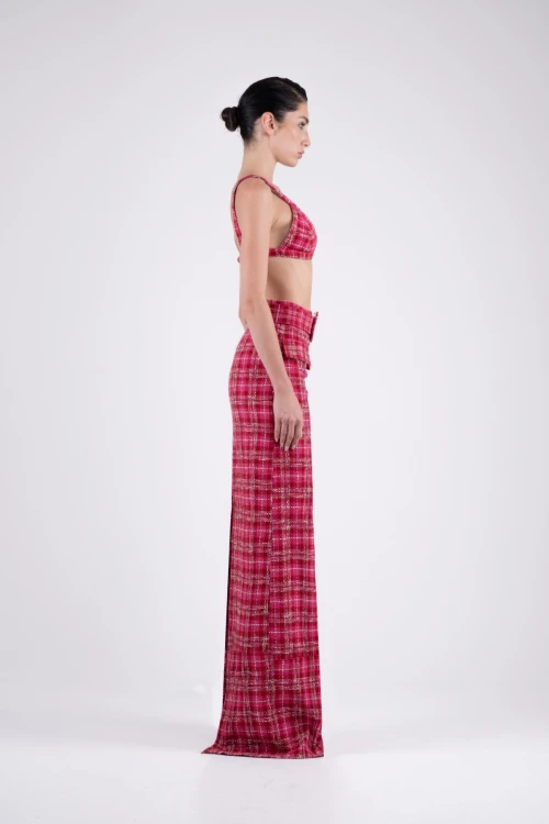 Fuchsia Tweed Maxi Skirt with Square Pattern