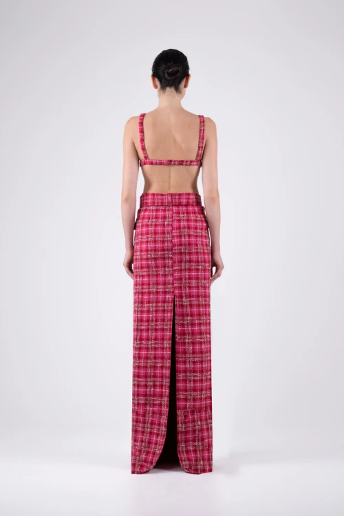 Fuchsia Tweed Maxi Skirt with Square Pattern