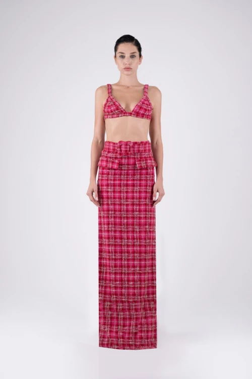 Fuchsia Tweed Maxi Skirt with Square Pattern