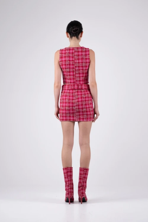 Fuchsia Tweed Mini Skirt with Square Pattern