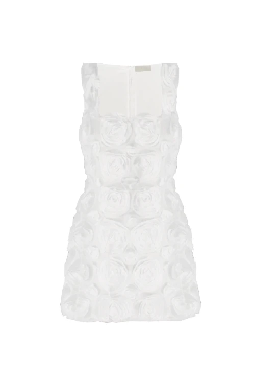 WHITE MINI DRESS WITH SQUARE NECKLINE AND FLORAL PATTERN