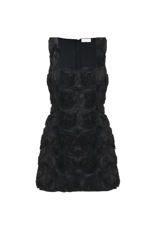 BLACK MINI DRESS WITH SQUARE NECKLINE AND FLORAL PATTERN