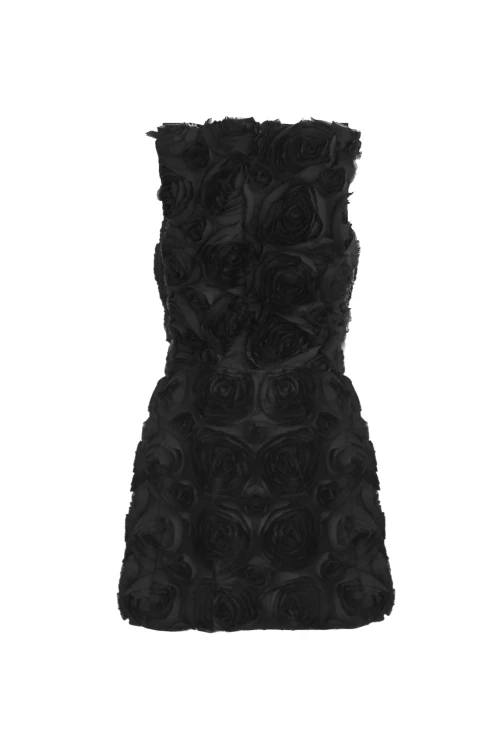 BLACK MINI DRESS WITH SQUARE NECKLINE AND FLORAL PATTERN