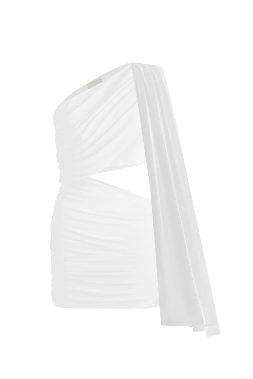 DRAPED MINI WHITE DRESS WITH CUTOUT DETAILS