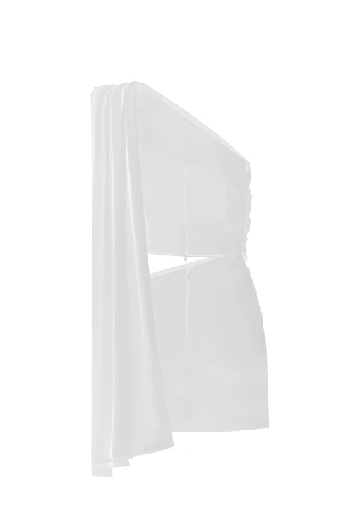 DRAPED MINI WHITE DRESS WITH CUTOUT DETAILS