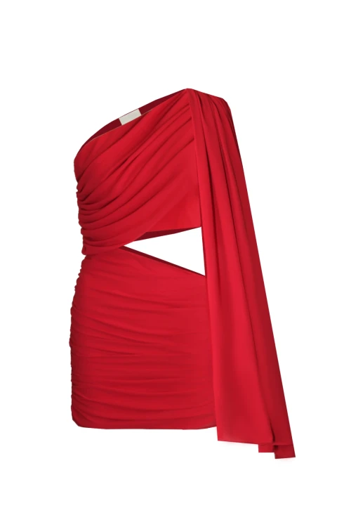 RED MINI DRESS WITH DRAPED CUTOUT DETAILS