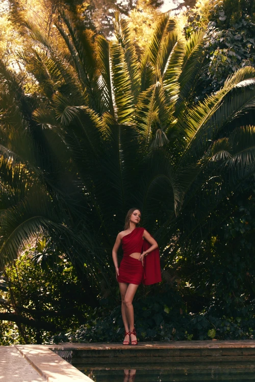 RED MINI DRESS WITH DRAPED CUTOUT DETAILS