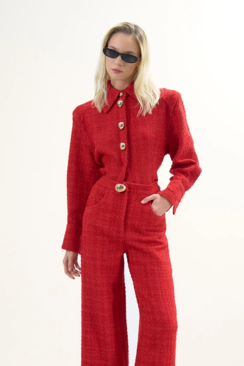 RED TWEED SHIRT WITH GOLD BUTTON DETAIL