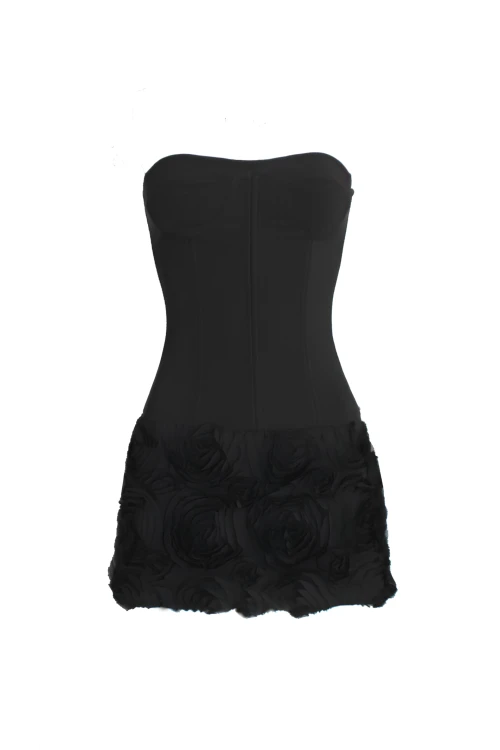 BLACK MINI DRESS WITH CORSET DETAIL AND FLORAL PATTERN