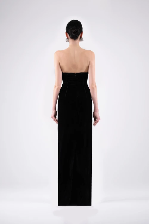 Corset Detail Strapless Black Maxi Dress