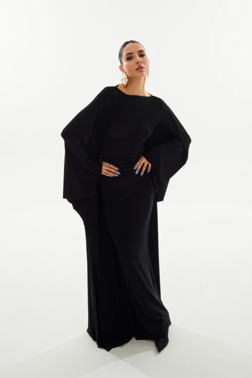 BLACK MAXI DRESS WITH CAPE SLEEVES AND BODY-HUGGING FIT