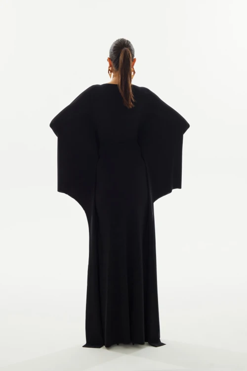 BLACK MAXI DRESS WITH CAPE SLEEVES AND BODY-HUGGING FIT