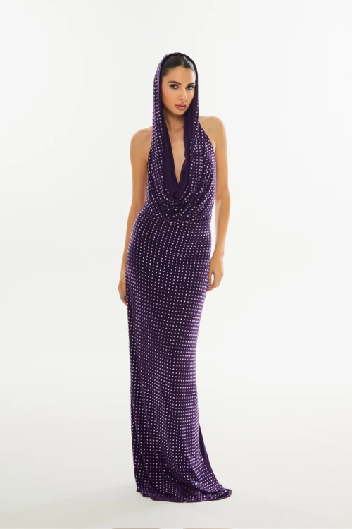 PURPLE MAXI DRESS WITH DECOLETTE AND STONE PRINT