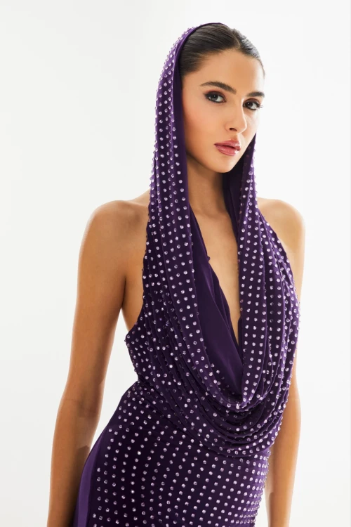 PURPLE MAXI DRESS WITH DECOLETTE AND STONE PRINT