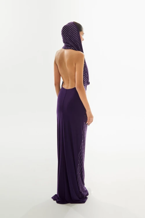 PURPLE MAXI DRESS WITH DECOLETTE AND STONE PRINT