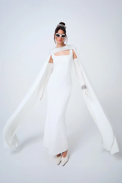 WHITE MAXI DRESS WITH CAPE DETAIL