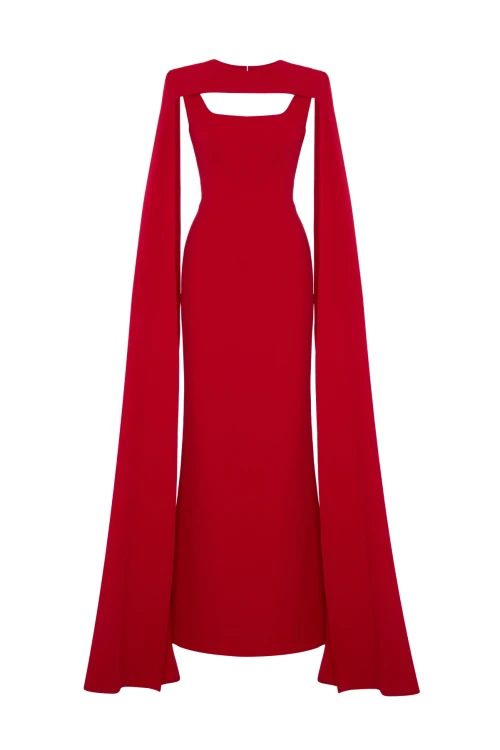 RED MAXI DRESS WITH CAPE DETAIL