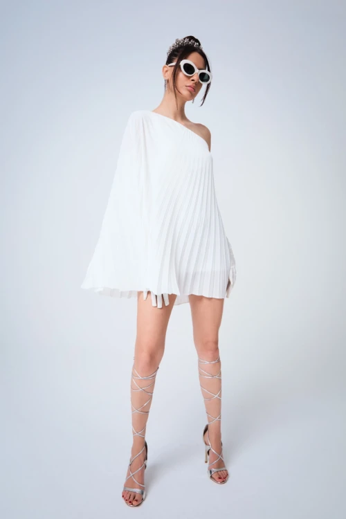 WHITE ONE-SHOULDER PLEATED MINI DRESS