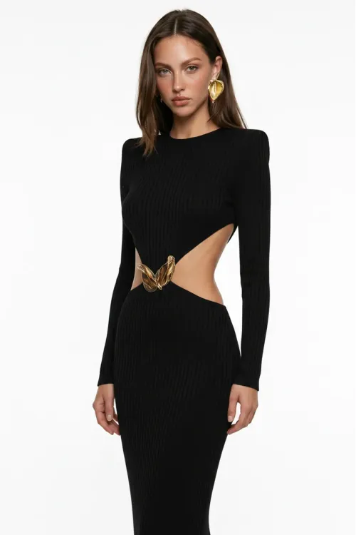 SİYAH CUT-OUT DETAYLI MAXİ ELBİSE