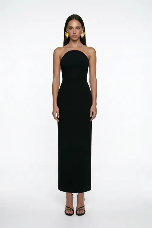 SİYAH KORSE DETAYLI KREP MİDİ BODYCON ELBİSE