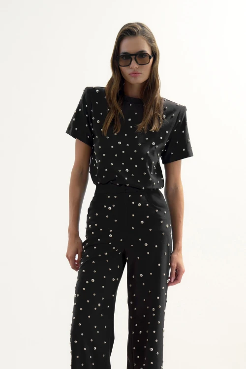 BLACK T-SHIRT WITH METALLIC STONE PRINT