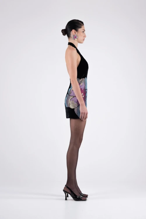 Velvet Black Mini Dress with Stone-Print Floral Details