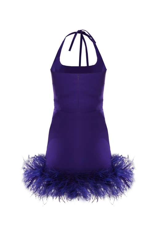 PURPLE MINI DRESS WITH STONE PRINT AND FEATHER DETAIL