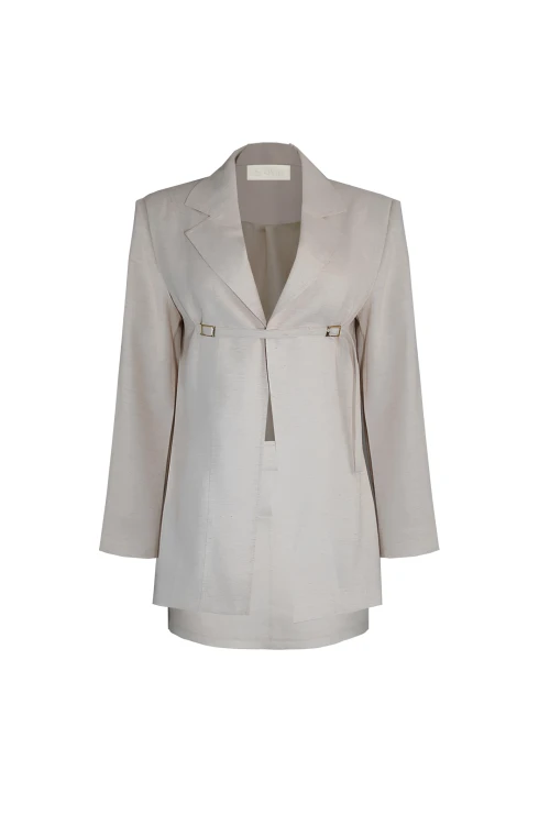 BEIGE LINEN JACKET AND SKIRT SET WITH BUCKLE DETAIL