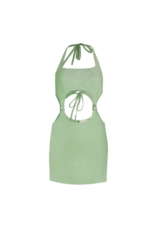 PISTACHIO GREEN LINEN MINI DRESS WITH BUCKLE DETAIL