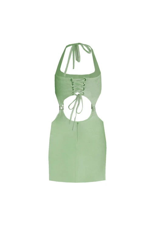 PISTACHIO GREEN LINEN MINI DRESS WITH BUCKLE DETAIL