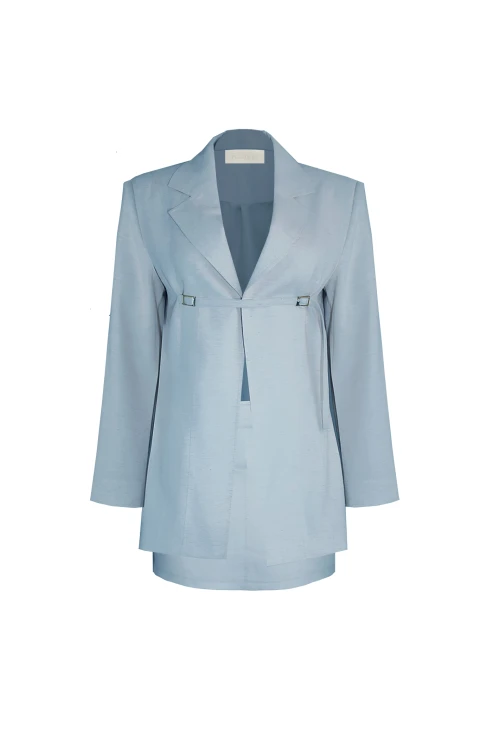 BLUE LINEN JACKET AND SKIRT SET WITH BUCKLE DETAIL