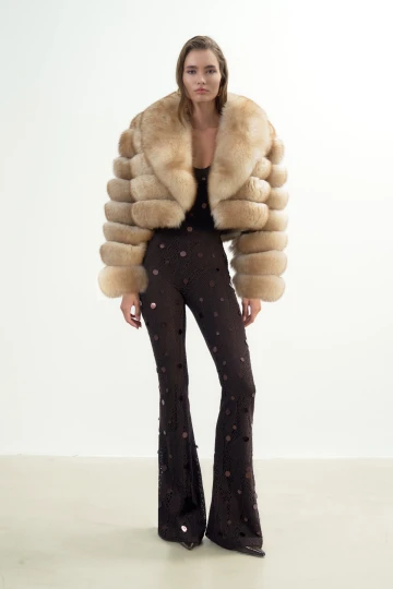 BEIGE/BROWN SPECKLED FAUX FUR COAT