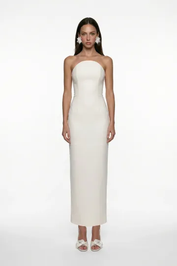 BEYAZ KORSE DETAYLI KREP MİDİ BODYCON ELBİSE