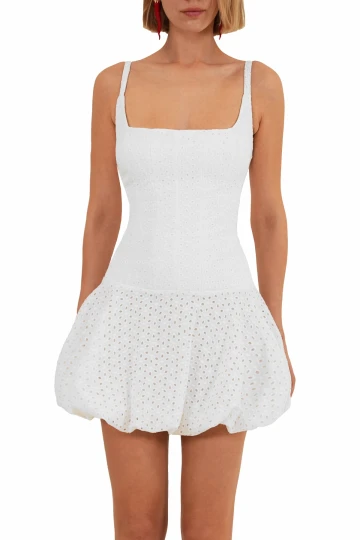Bow Detailed Open Back White Mini Balloon Dress