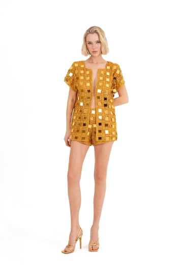 Gold Mirror Detailed Mustard Crochet Shorts