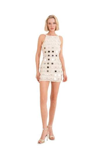 Silver Mirror Detailed Beige Mini Crochet Dress