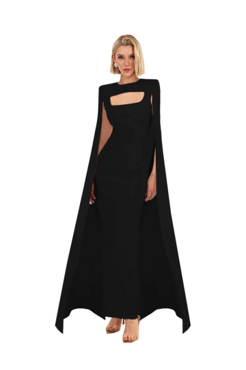 BLACK MAXI DRESS WITH CAPE DETAIL
