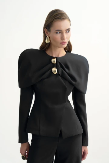 BLACK DRAPED BLAZER WITH CAPE DETAIL