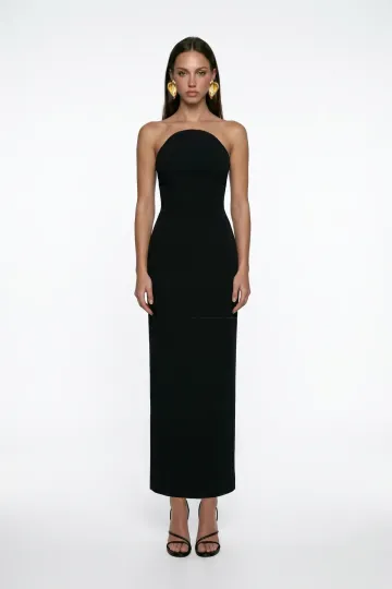 SİYAH KORSE DETAYLI KREP MİDİ BODYCON ELBİSE
