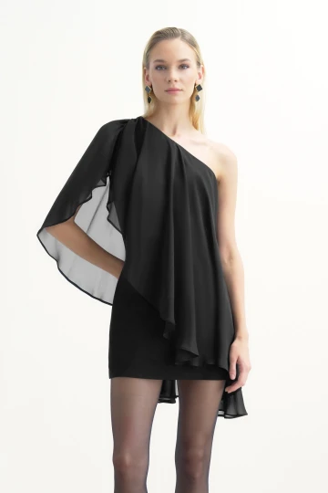 BLACK ONE-SHOULDER MINI DRESS WITH CAPE DETAIL
