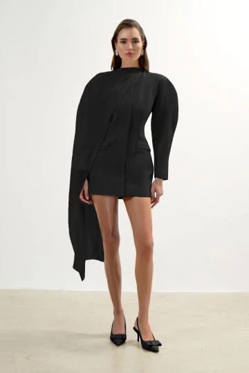 BLACK MINI BLAZER DRESS WITH SCARF DETAIL