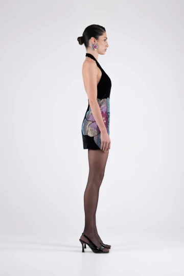 Velvet Black Mini Dress with Stone-Print Floral Details