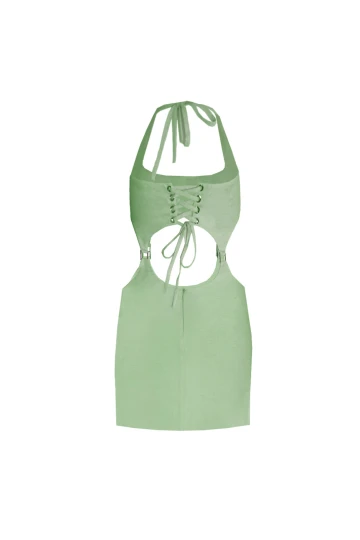 PISTACHIO GREEN LINEN MINI DRESS WITH BUCKLE DETAIL